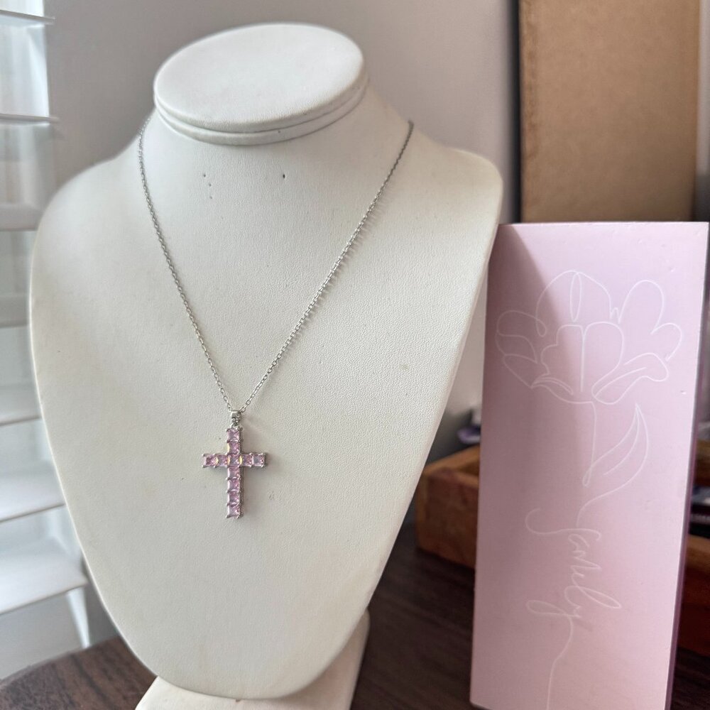 NWT - Elegant Silver Stainless Steel Necklace with Pink CZ Cross Pendant